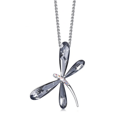 Dragonfly pendant necklace with Swarovski crystals, Silver Night finish, rhodium plated, adjustable chain, sparkling lightweight design by callura