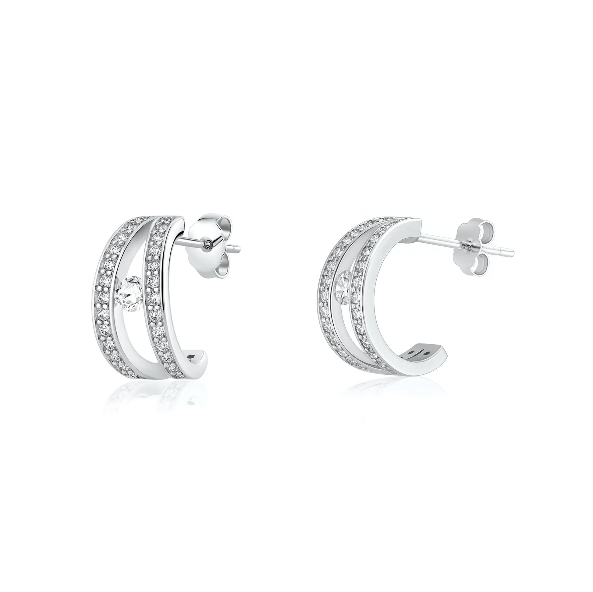 Silver hoop earrings with small diamonds on a white background