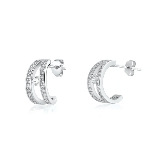 Silver hoop earrings with small diamonds on a white background