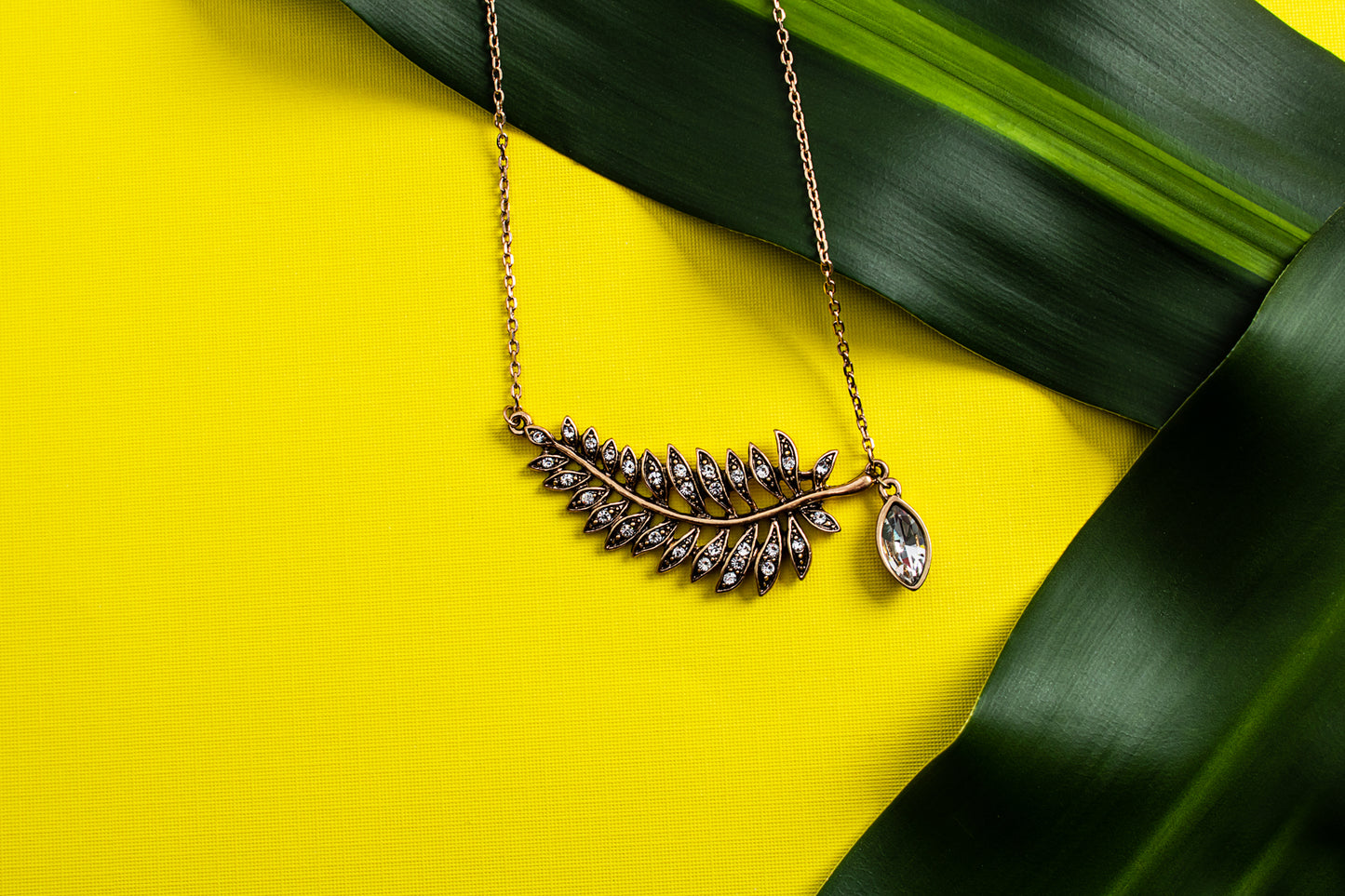 Leaf Pendant Necklace With Crystal Teardrop