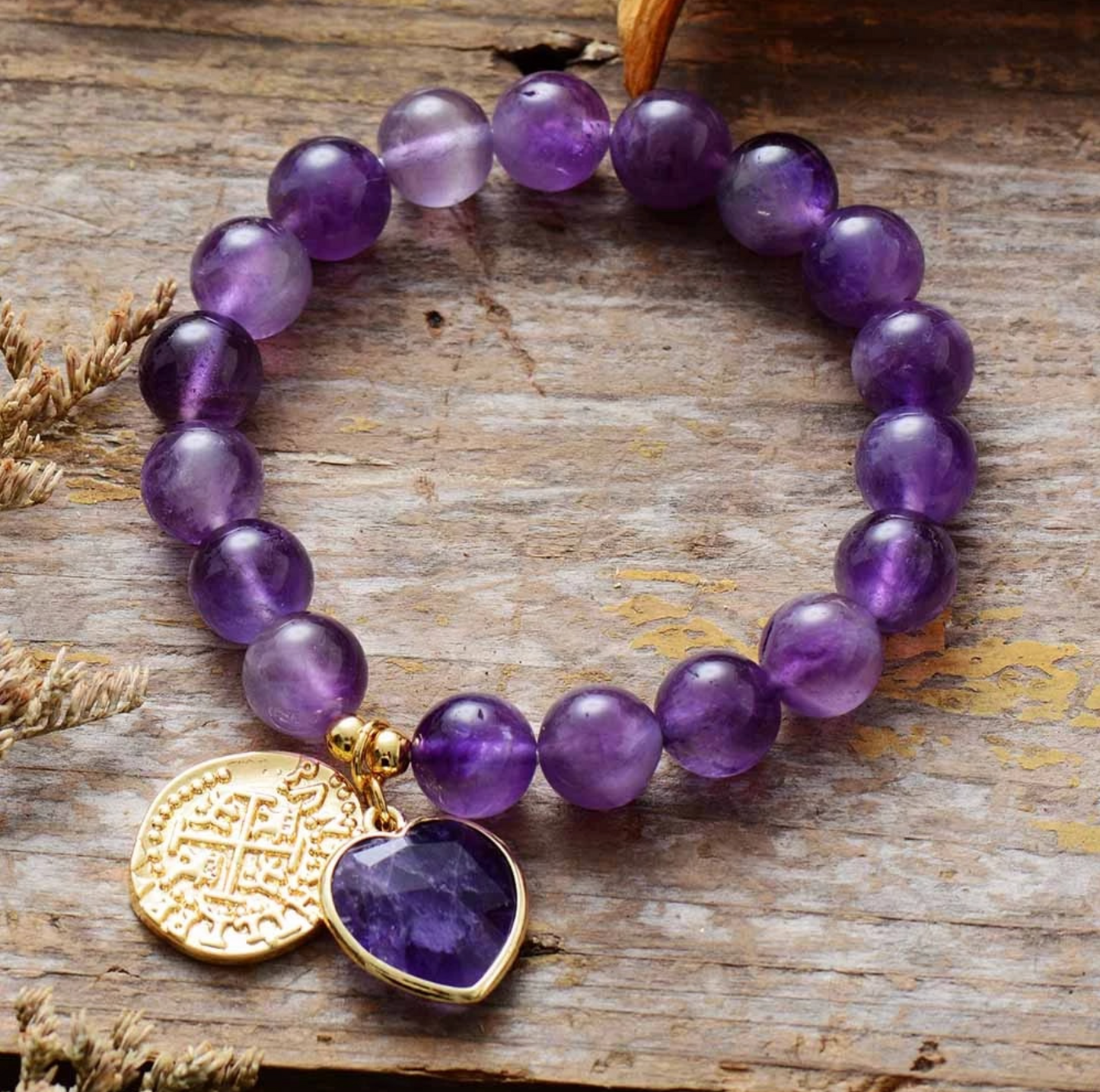 Coin Goldtone Heart Stretch Gemstone Bracelet