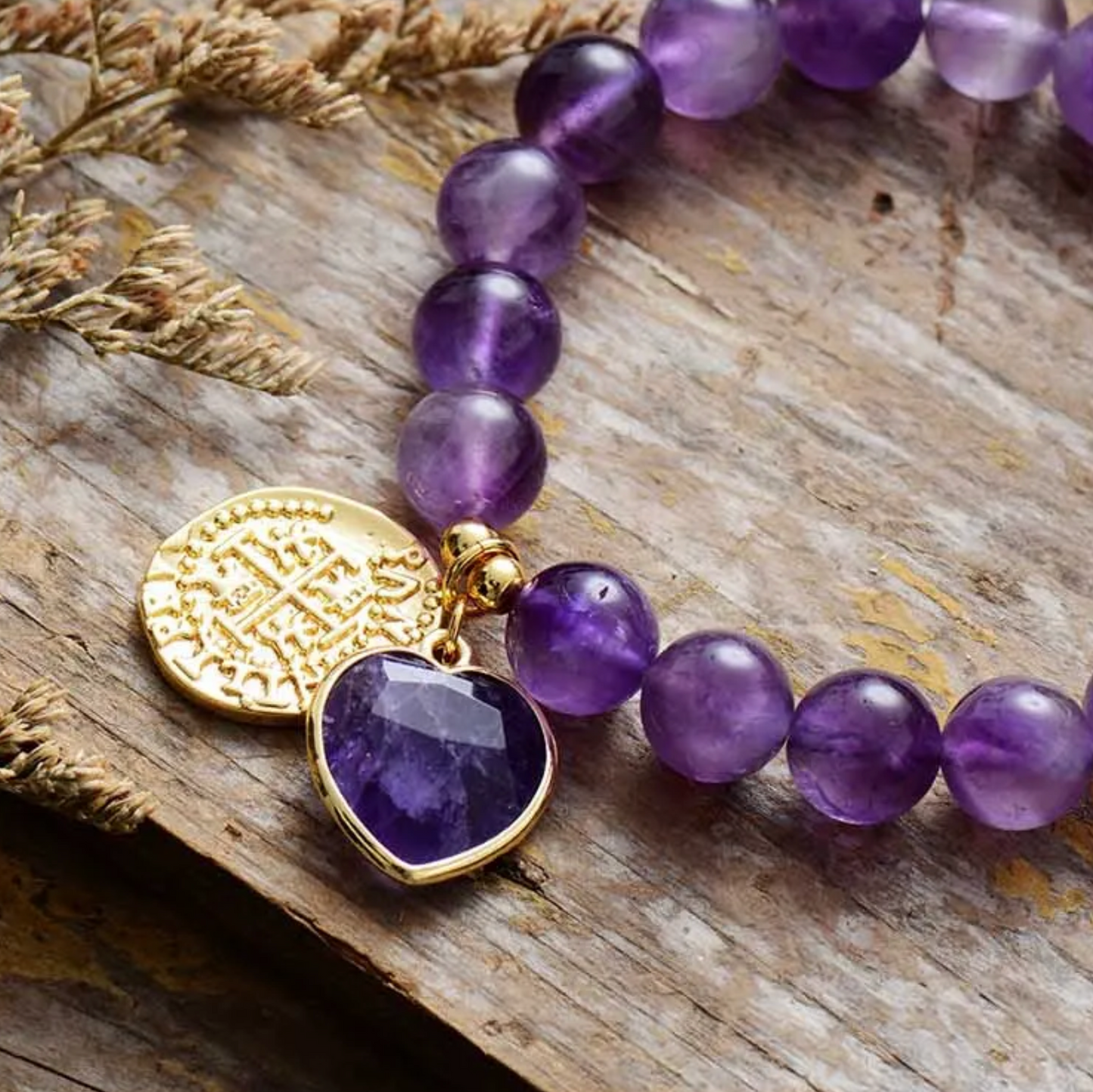 Coin Goldtone Heart Stretch Gemstone Bracelet