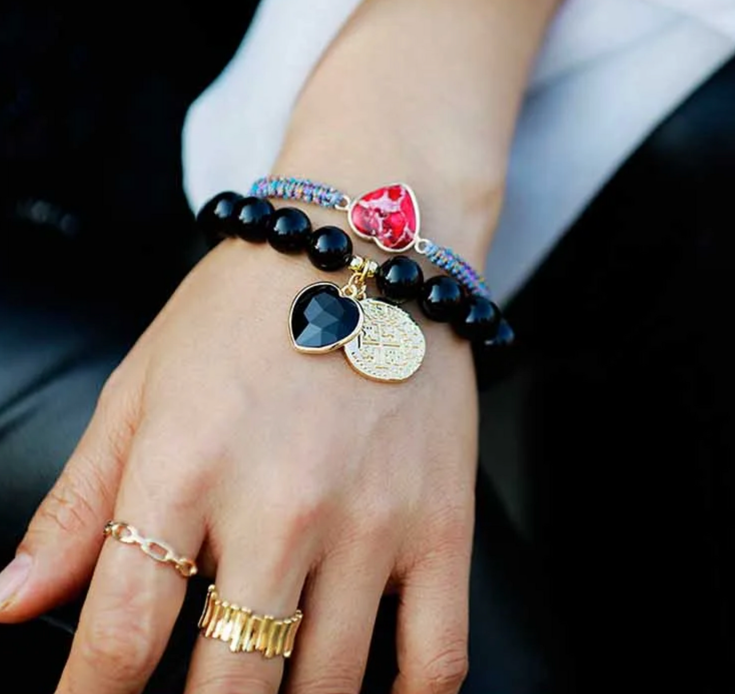 Coin Goldtone Heart Stretch Gemstone Bracelet