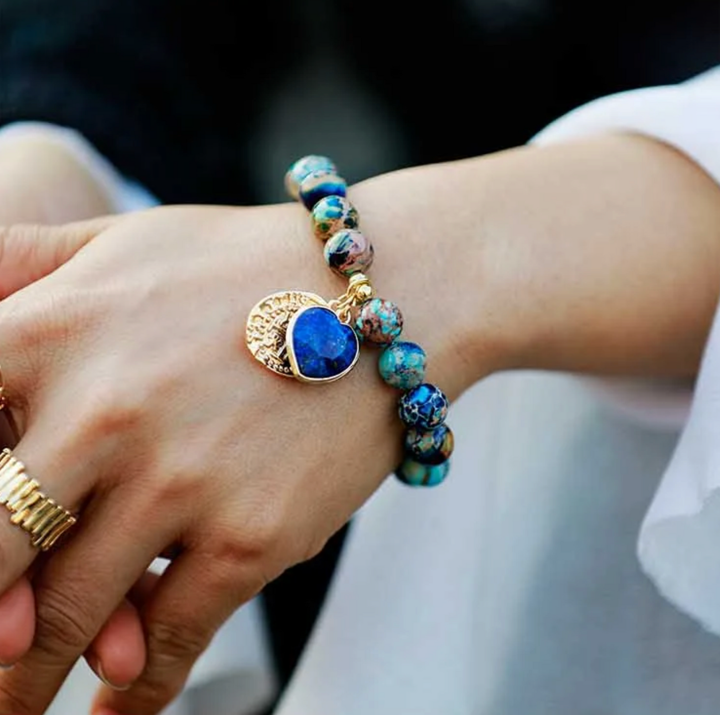 Coin Goldtone Heart Stretch Gemstone Bracelet