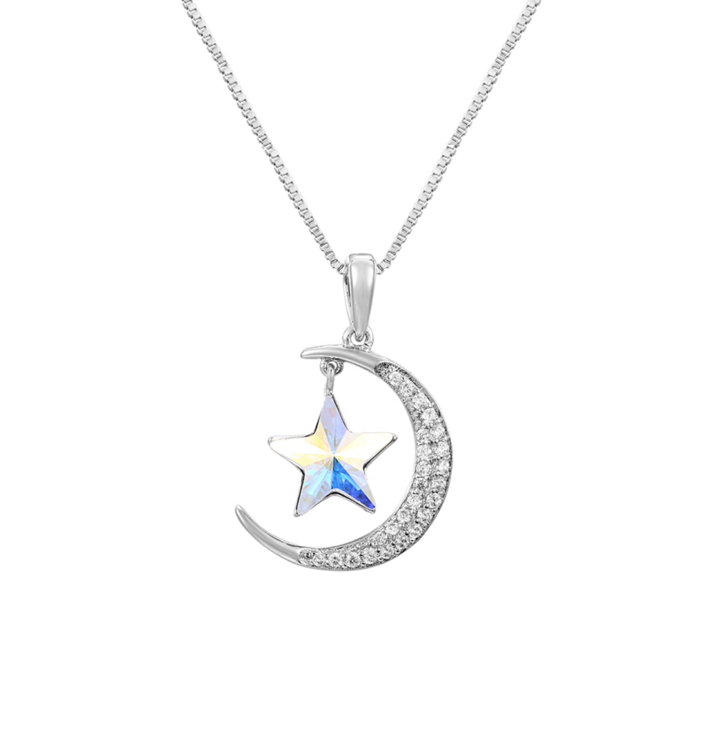 Silvertone Moon Crescent & Star Swarovski Crystal Pendant Necklace