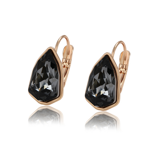 Goldtone Leverback Earrings with Clear Black Swarovski Crystals