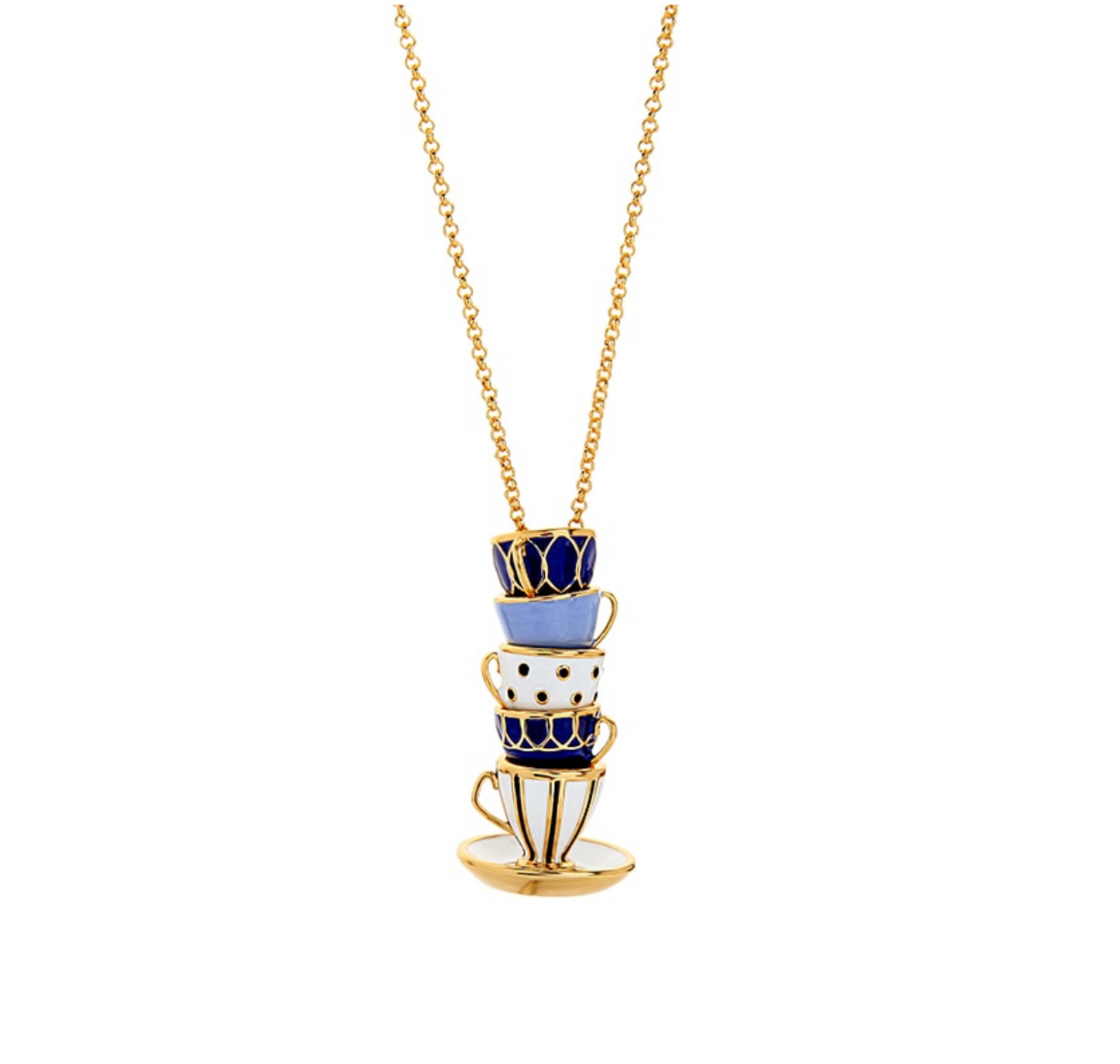 Goldtone Blue White Stacked Teacups Pendant Necklace