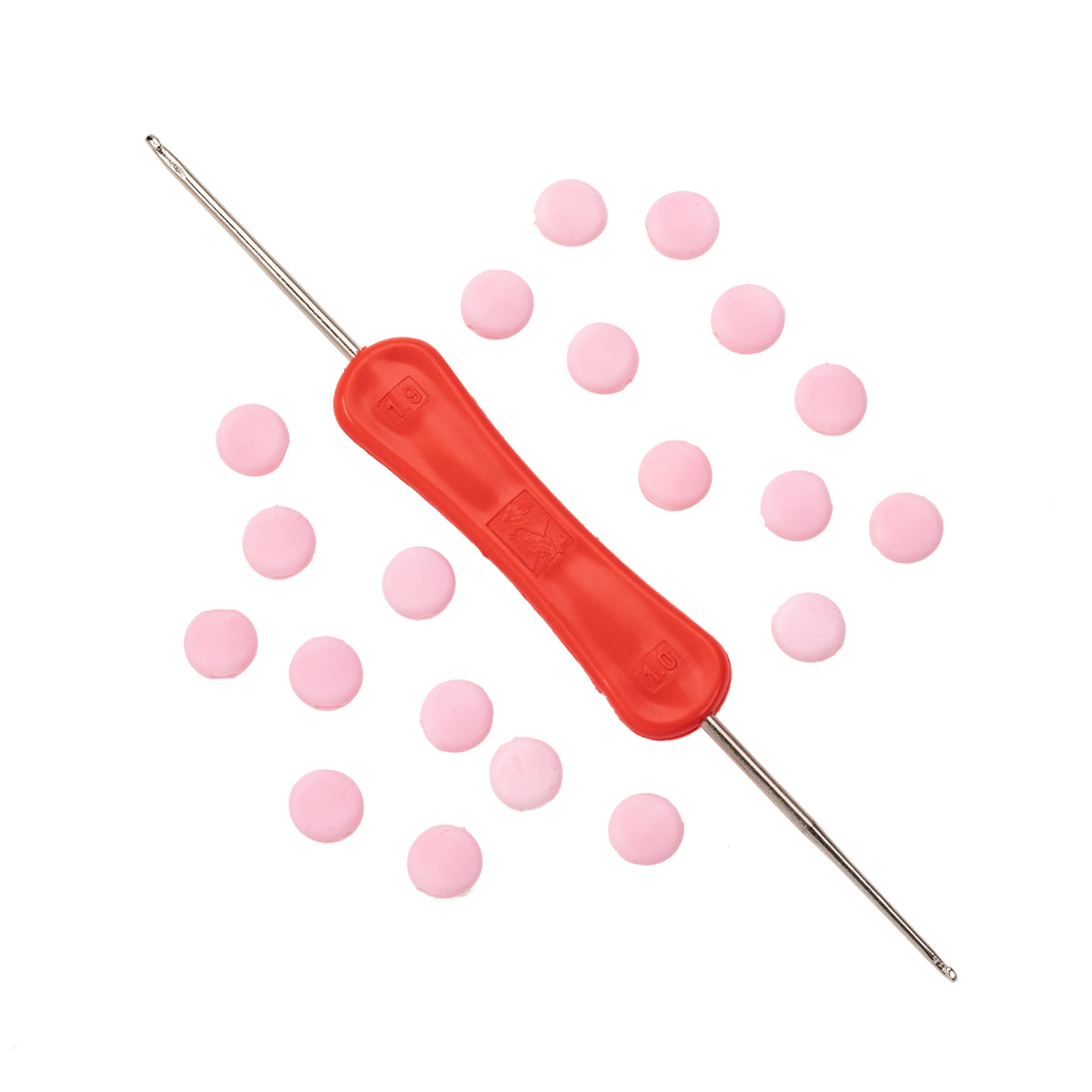 Pink round mask toggles with a red-handled threading tool