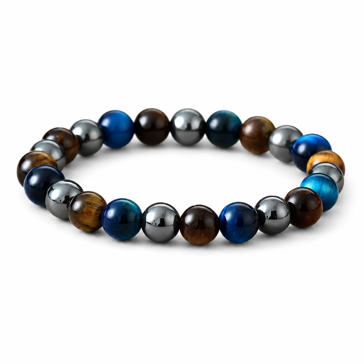 Hematite Tigers Eye Blue Stretch Beaded Bracelet