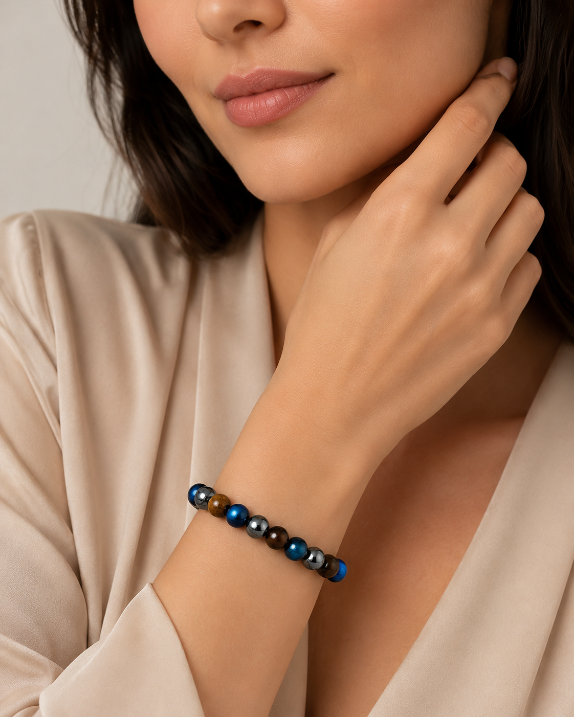 Hematite Tigers Eye Blue Stretch Beaded Bracelet
