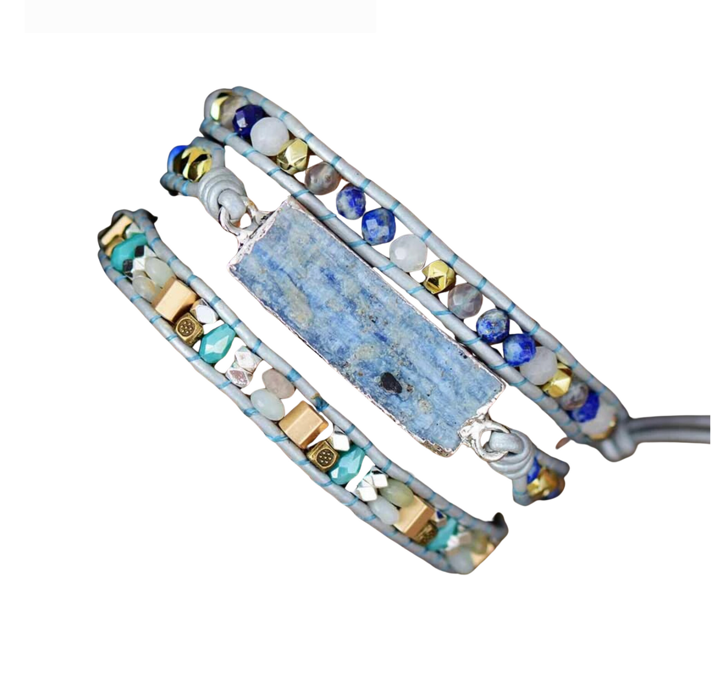 Natural Aquamarine Rectangular Stone Leather Beaded Wrap Bracelet