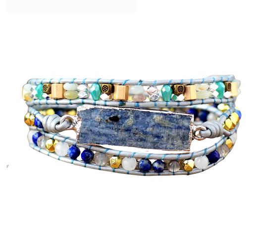 Natural Aquamarine Rectangular Stone Leather Beaded Wrap Bracelet