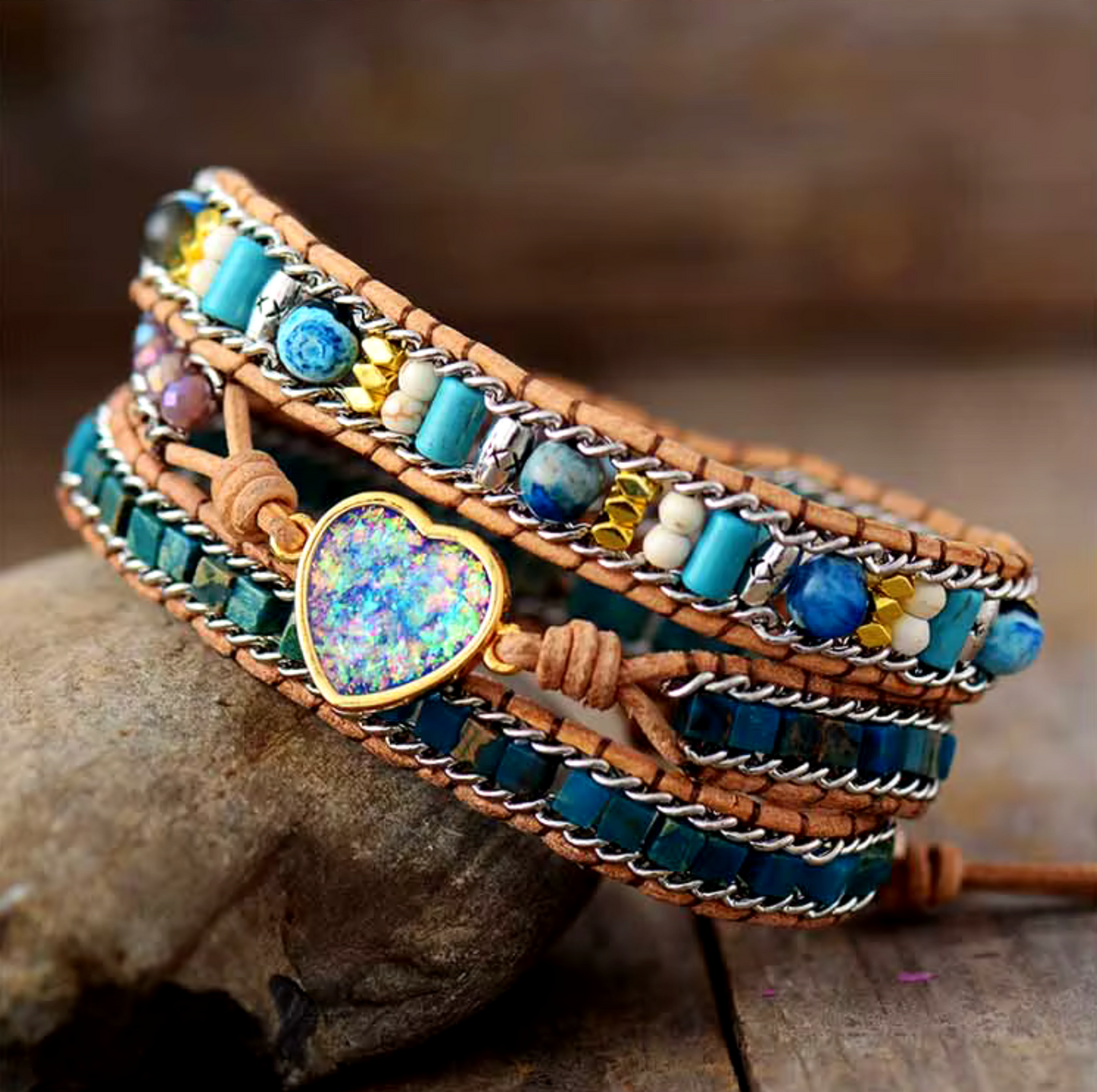 Opal Jasper Heart Agate Stone Beaded Wrap Bracelet