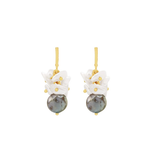 Goldtone White Flower & Grey Pearl Drop Earrings