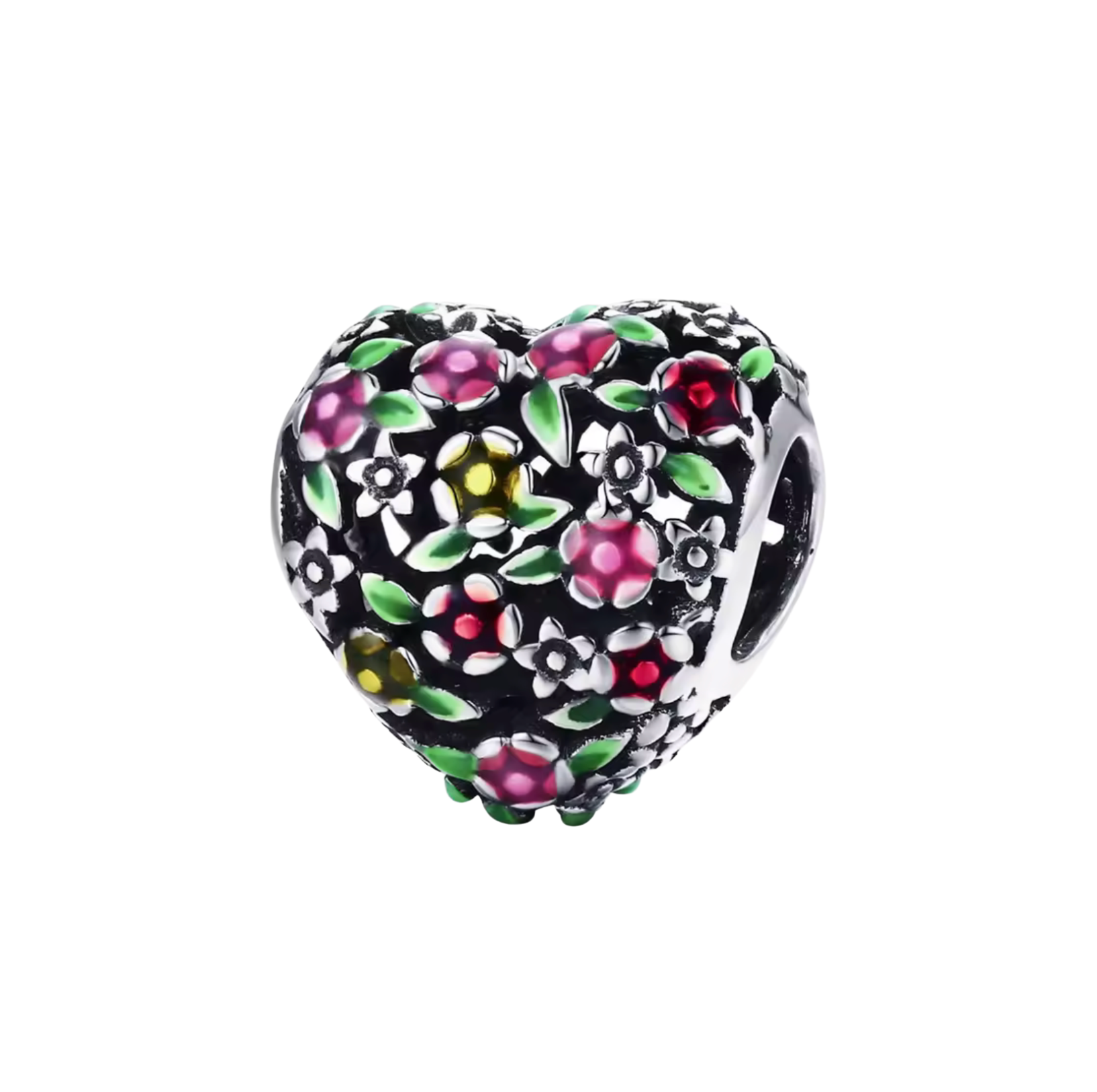 Sterling silver heart charm with bird and floral details, compatible with Pandora-style European charm bracelets.