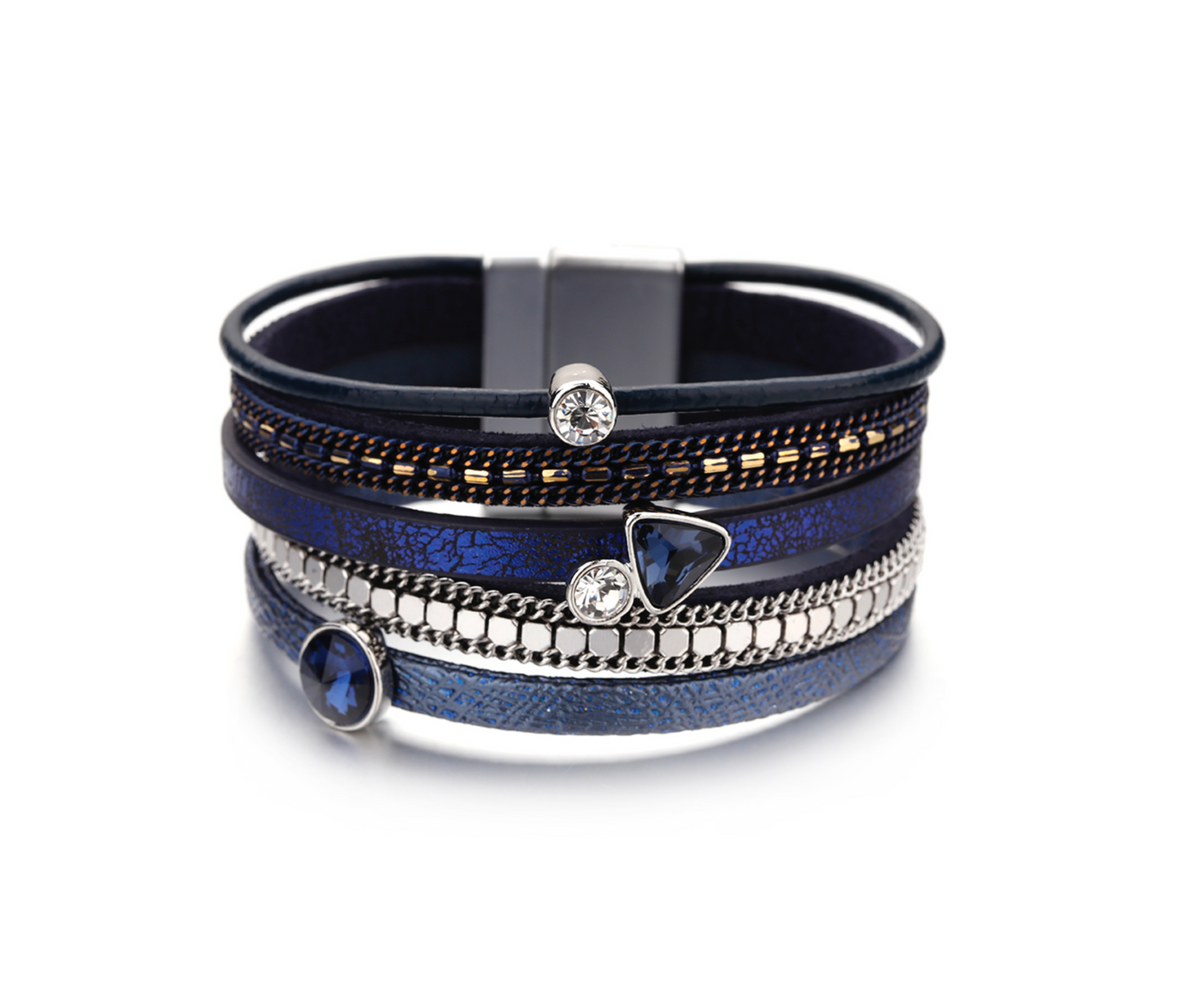Navy and black multi-strand bracelet with blue crystals and silver-tone accents
