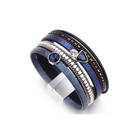 Navy wrap bracelet with blue crystal details and a silver-tone clasp, angled view