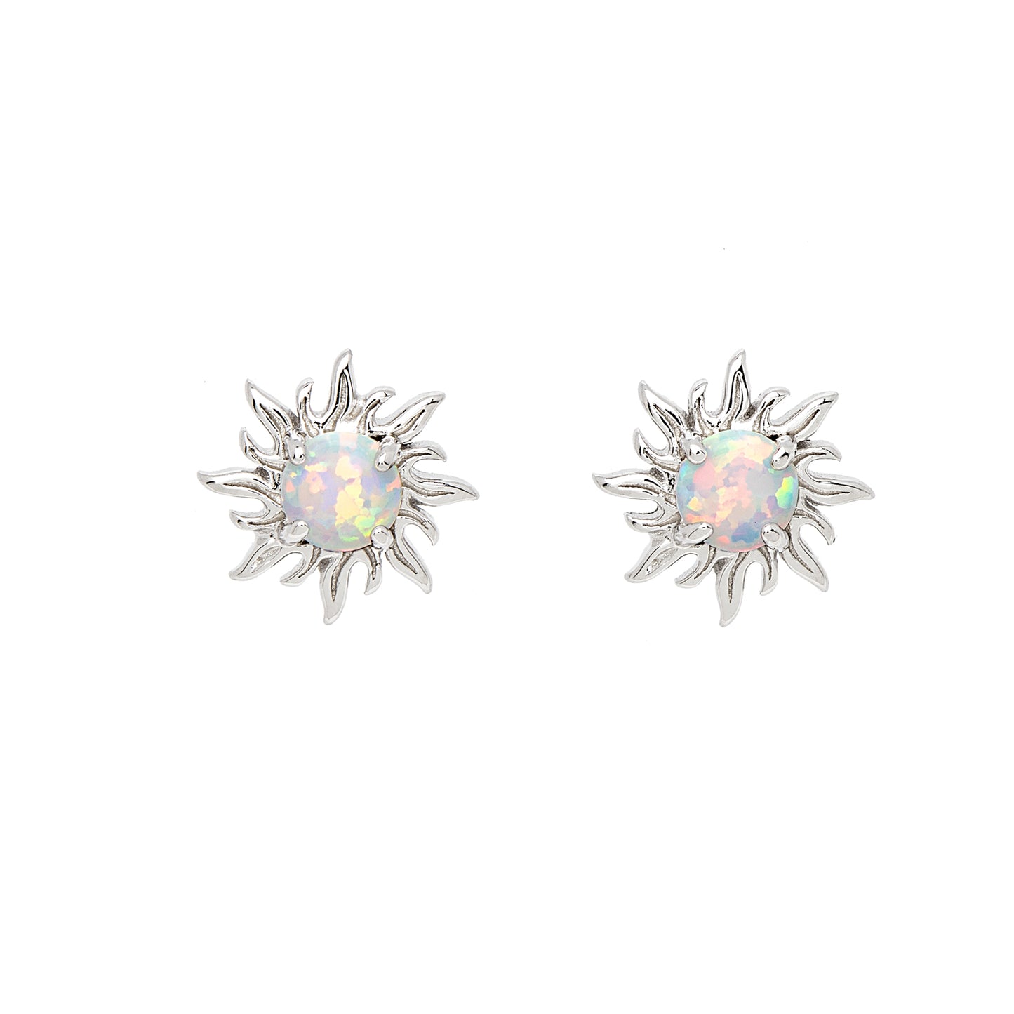 Sterling Silver Sun Stud Earrings with Lab-Created White Opal