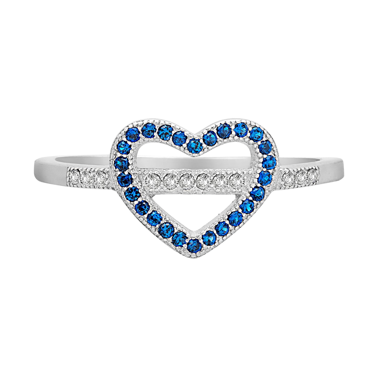 Blue Cubic Zirconia & Sterling Silver Pavé Open Heart Ring