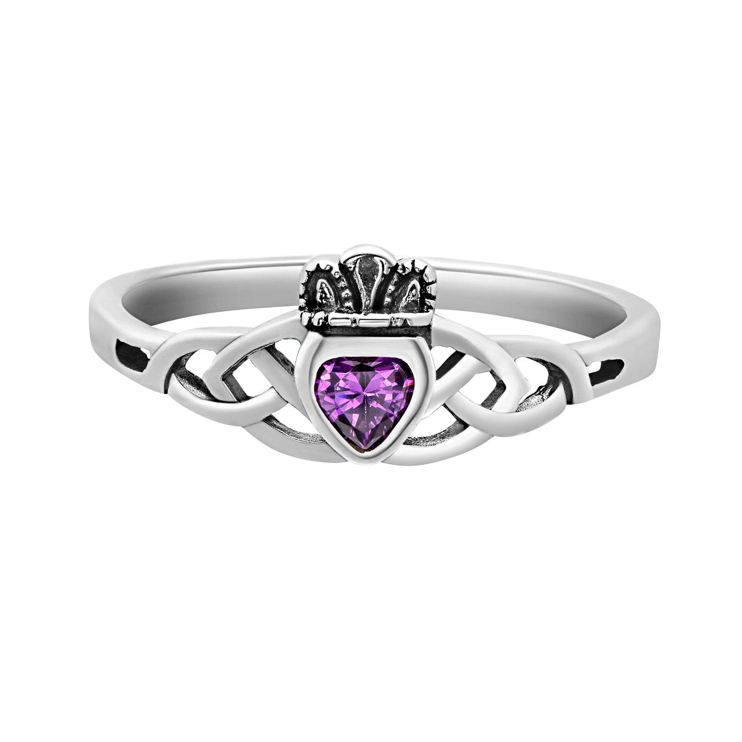 Purple Cubic Zirconia & Sterling Silver Celtic Claddagh Ring