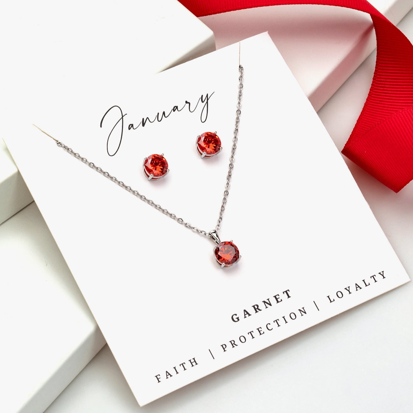 Garnet red CZ birthstone necklace and earring set with stainless steel – January jewelry gift set.