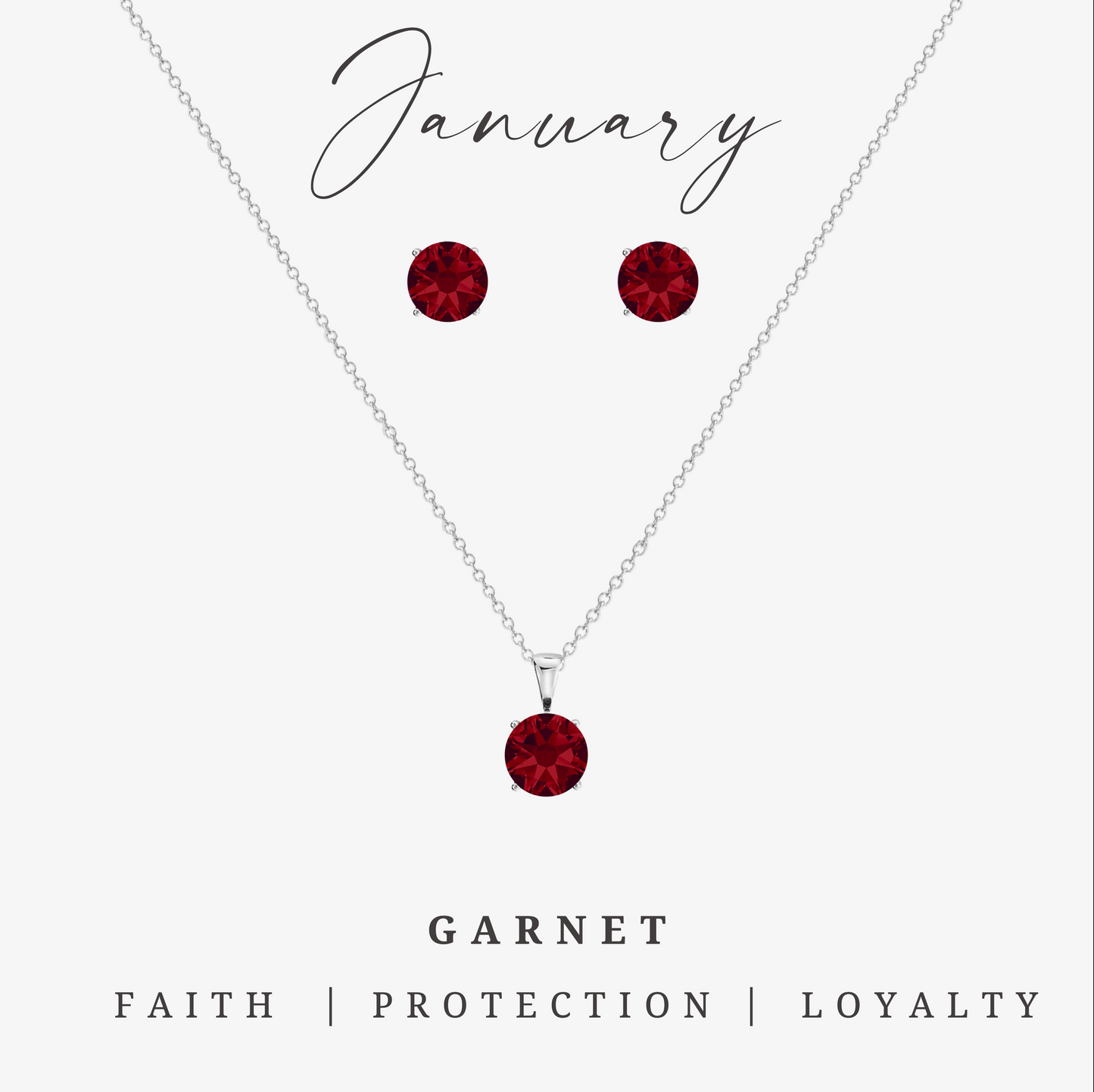 Garnet red CZ birthstone necklace and earring set with stainless steel – January jewelry gift set.