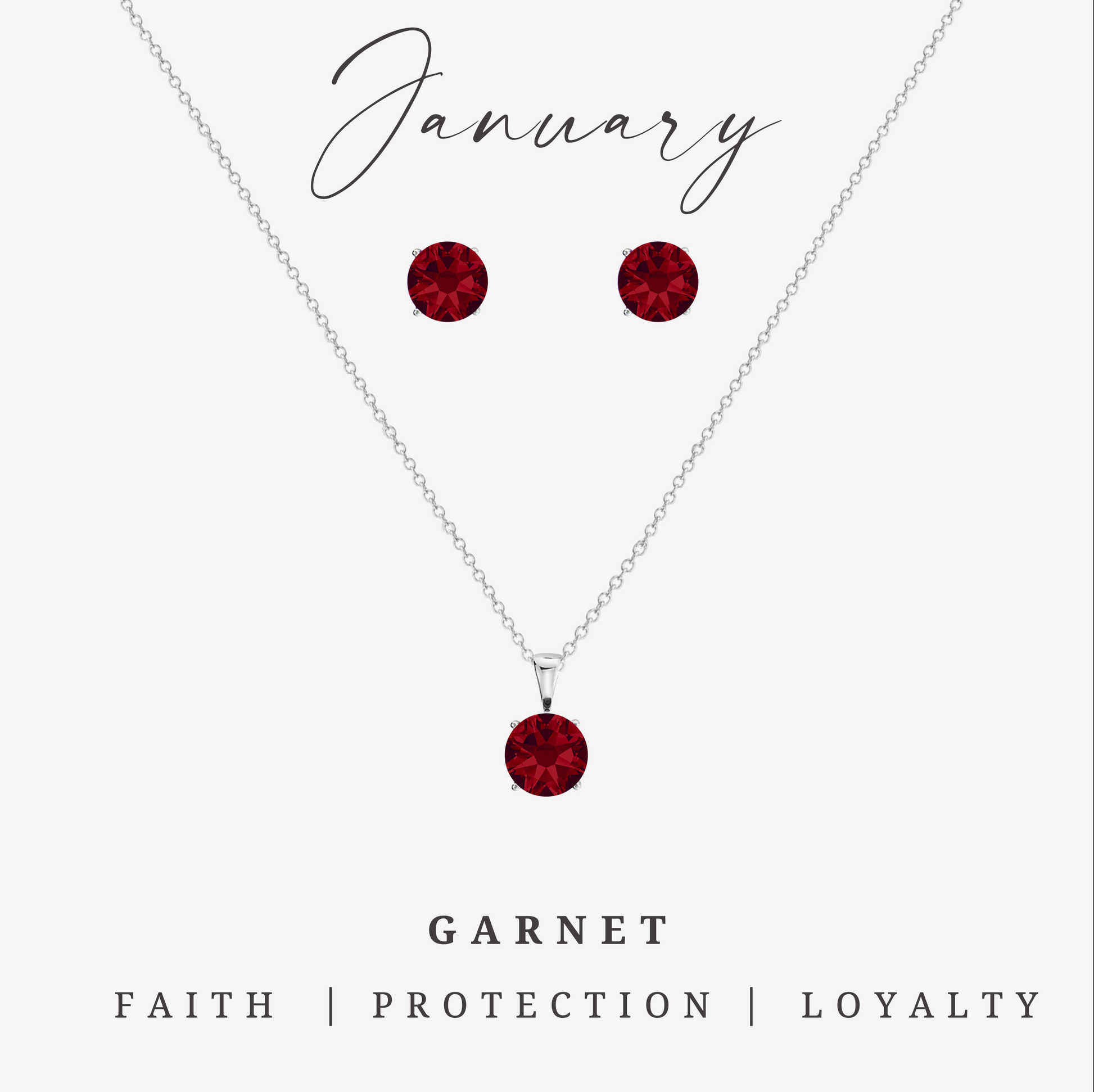 Garnet red CZ birthstone necklace and earring set with stainless steel – January jewelry gift set.
