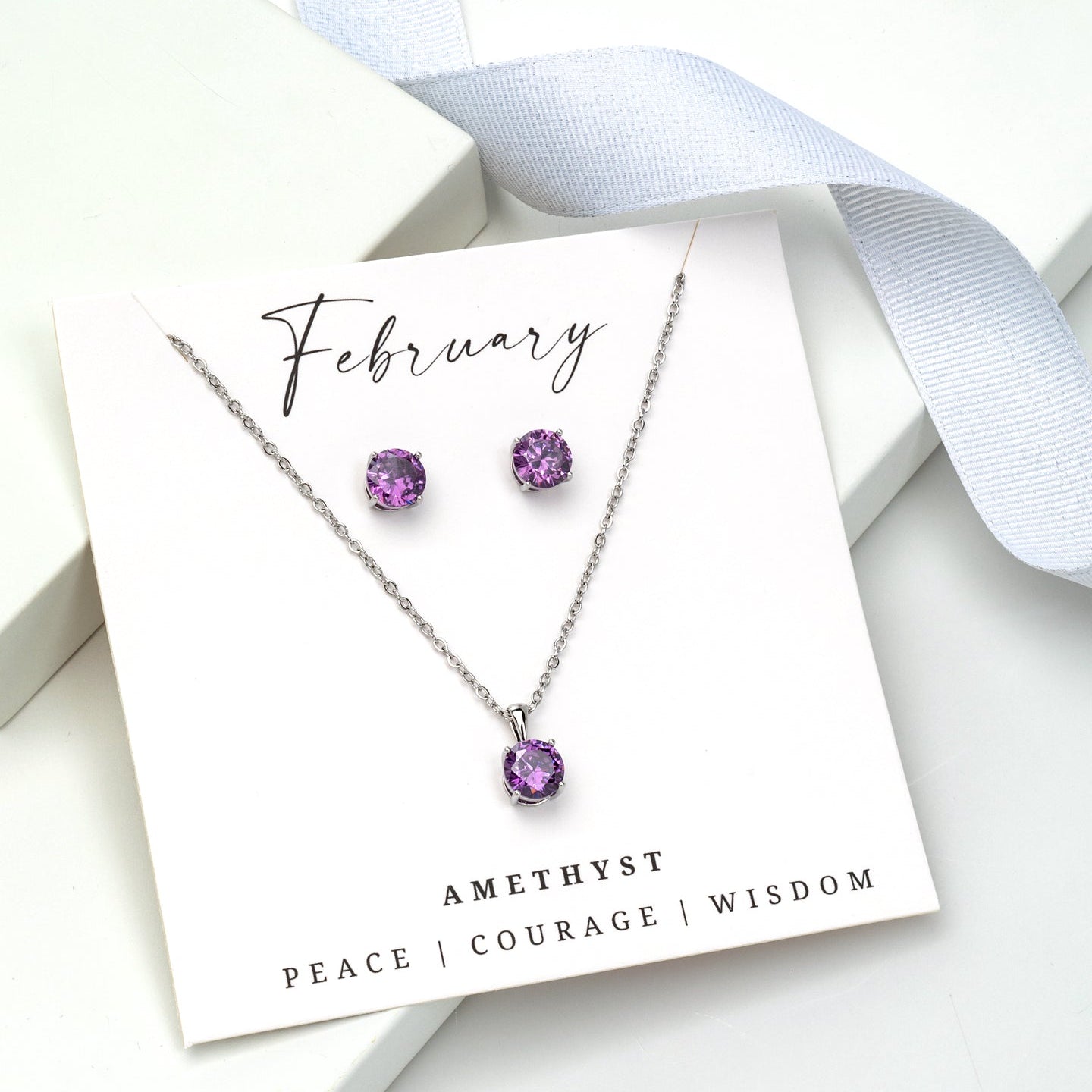 Amethyst purple CZ birthstone necklace and earring set with stainless steel – February jewelry set for birthdays.