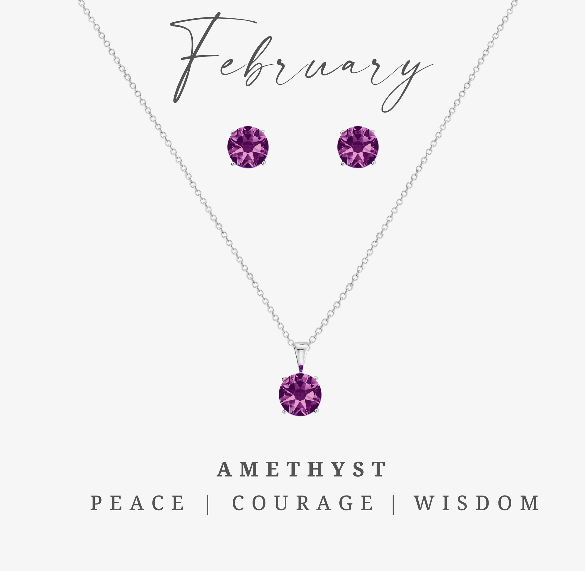 Amethyst purple CZ birthstone necklace and earring set with stainless steel – February jewelry set for birthdays.
