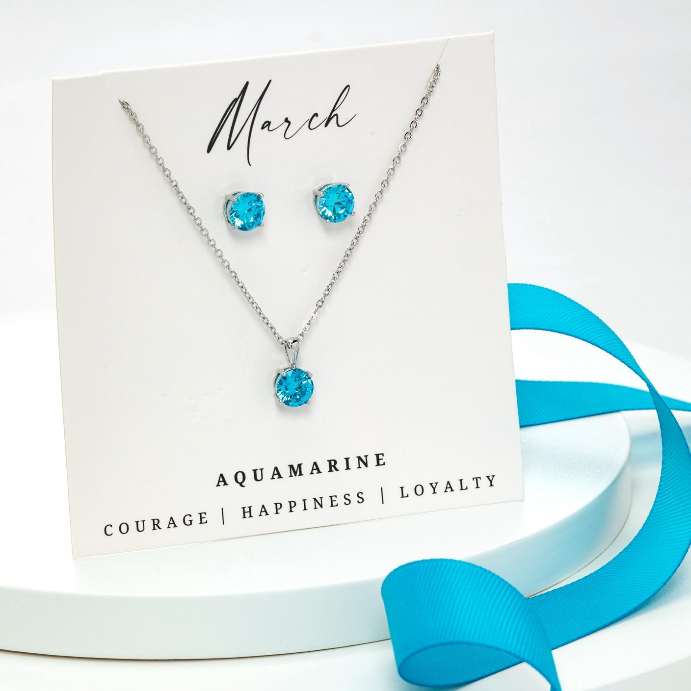 Aquamarine blue CZ birthstone necklace and earring set with stainless steel – March birthstone jewelry gift.