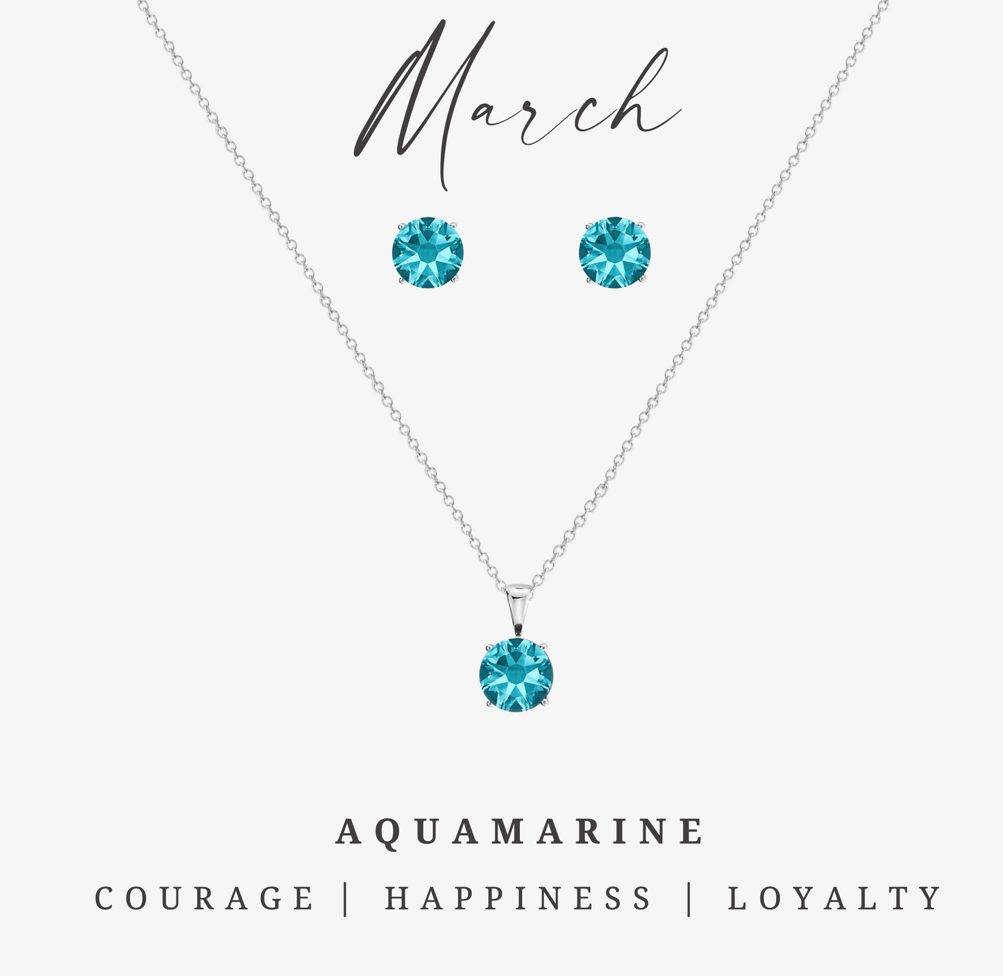 Aquamarine blue CZ birthstone necklace and earring set with stainless steel – March birthstone jewelry gift.