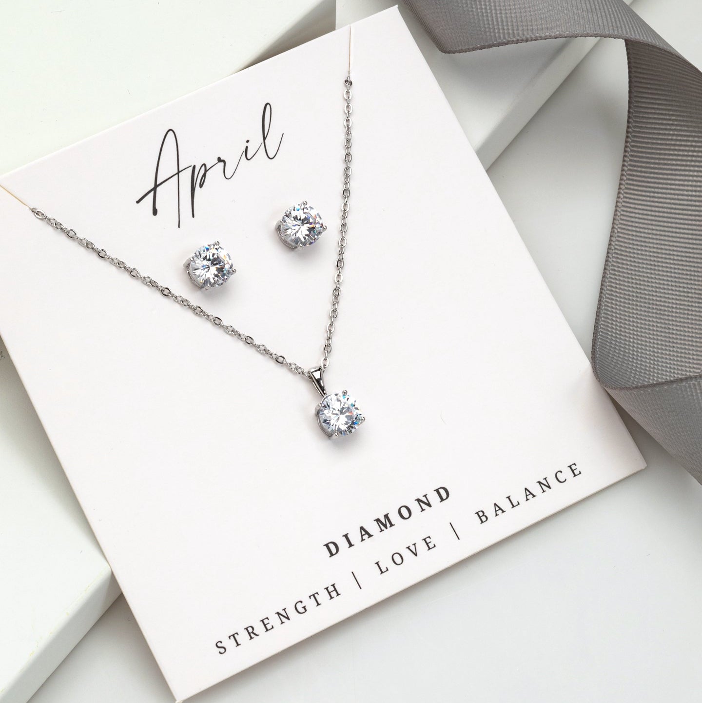 Clear diamond look CZ birthstone necklace and earring set with stainless steel – April birthstone jewelry set.