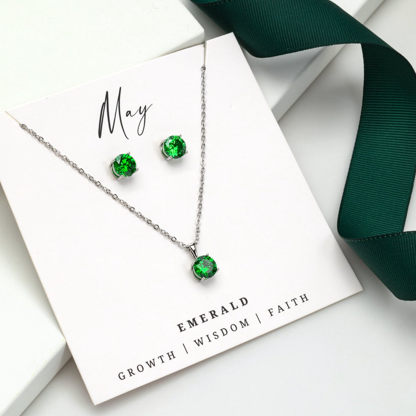 Emerald green CZ birthstone necklace and earring set with stainless steel – May birthstone jewelry gift.