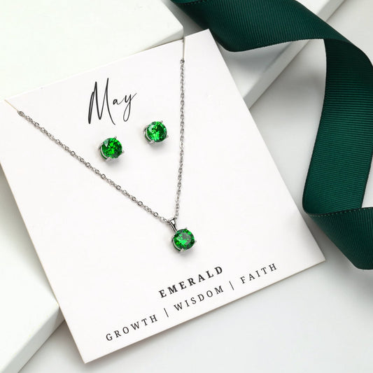Emerald green CZ birthstone necklace and earring set with stainless steel – May birthstone jewelry gift.