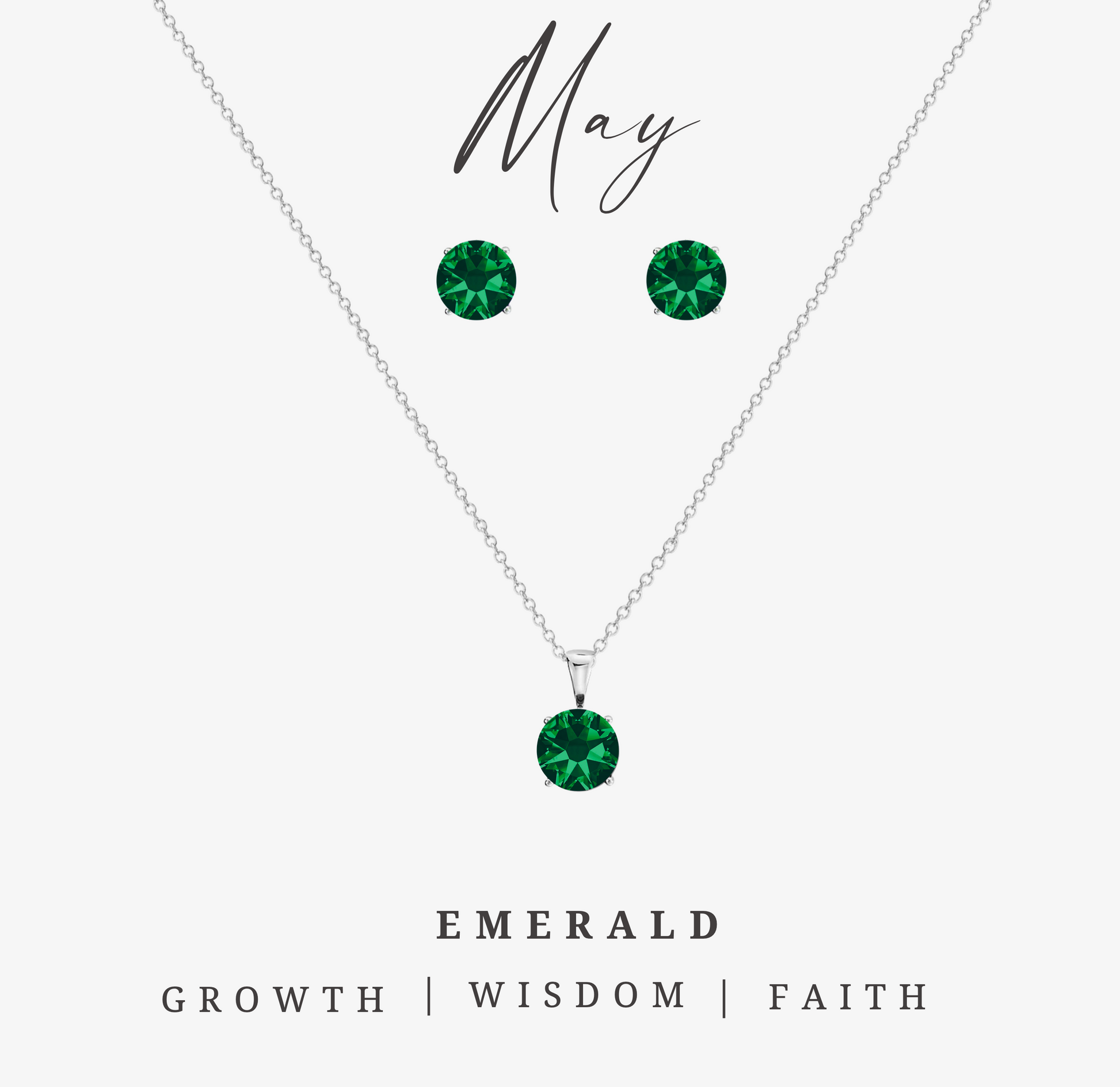 Emerald green CZ birthstone necklace and earring set with stainless steel – May birthstone jewelry gift.