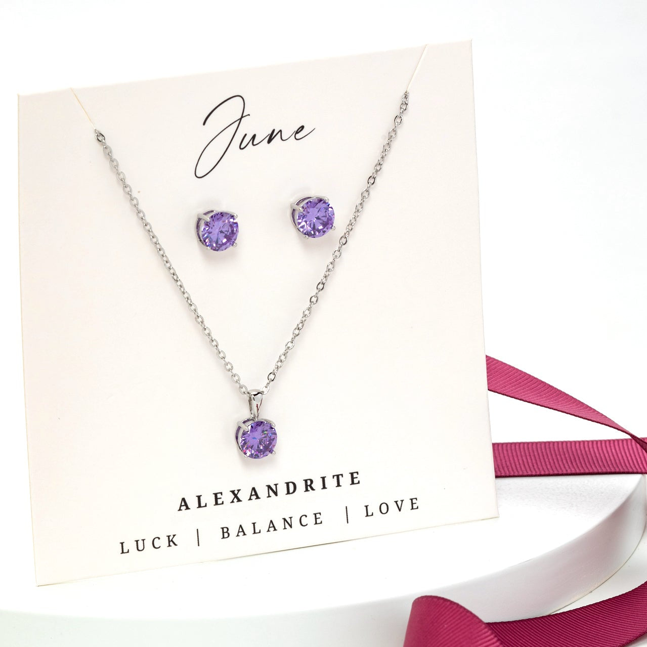 Alexandrite purple CZ birthstone necklace and earring set with stainless steel – June birthstone jewelry set.