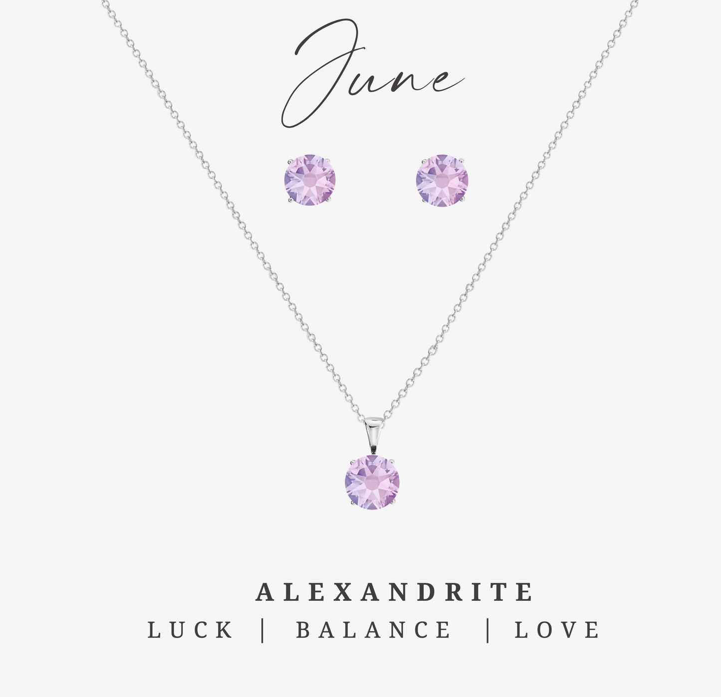 Alexandrite purple CZ birthstone necklace and earring set with stainless steel – June birthstone jewelry set.