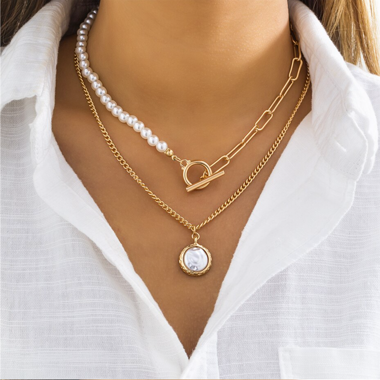 Goldtone & Imitation Pearl Layered Toggle Necklace