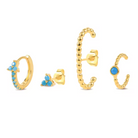 Gold-tone and blue crystal earring set with hoop, stud and ear cuff styles