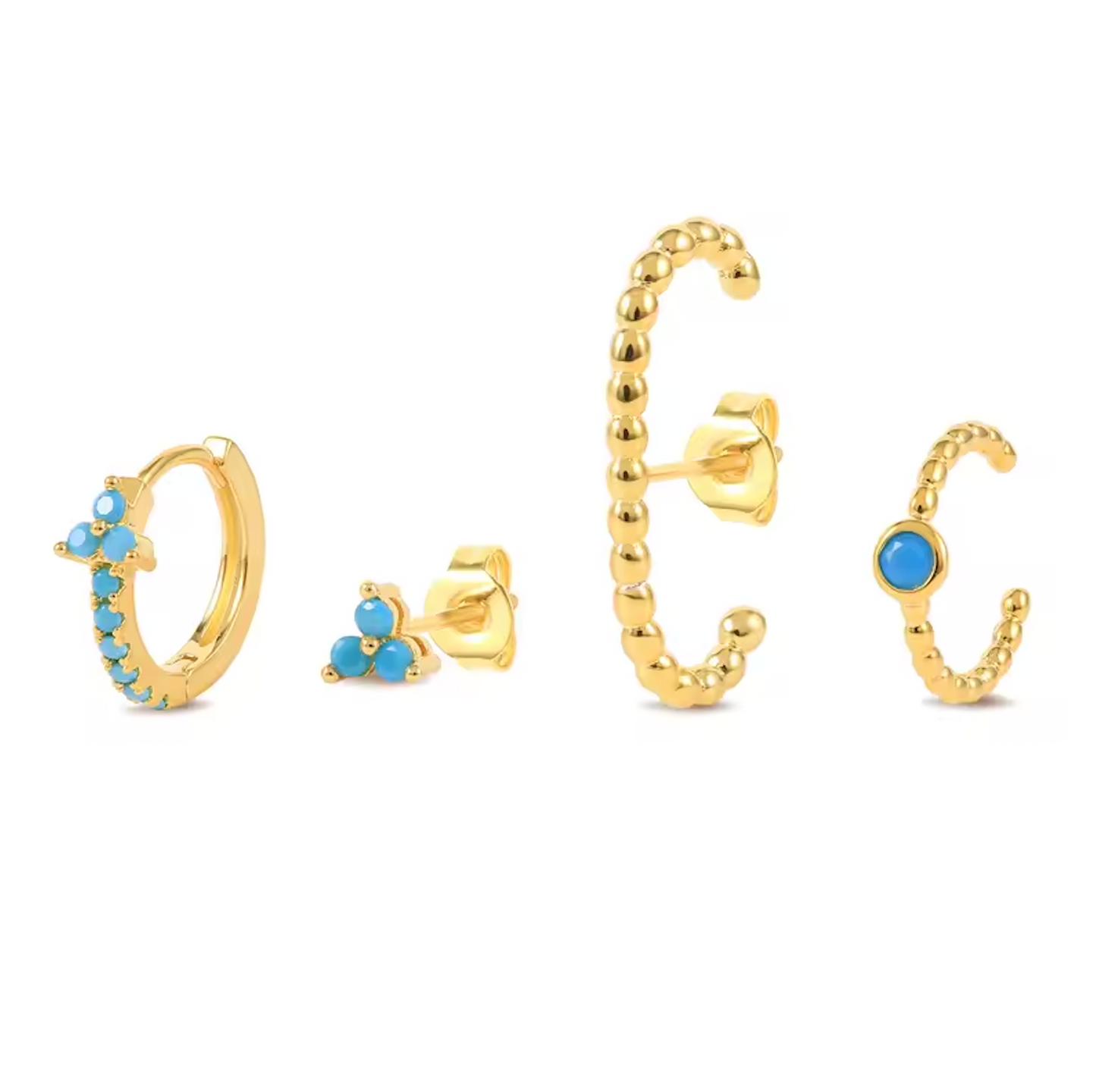 Goldtone & Blue Set Of 4 Earring Set