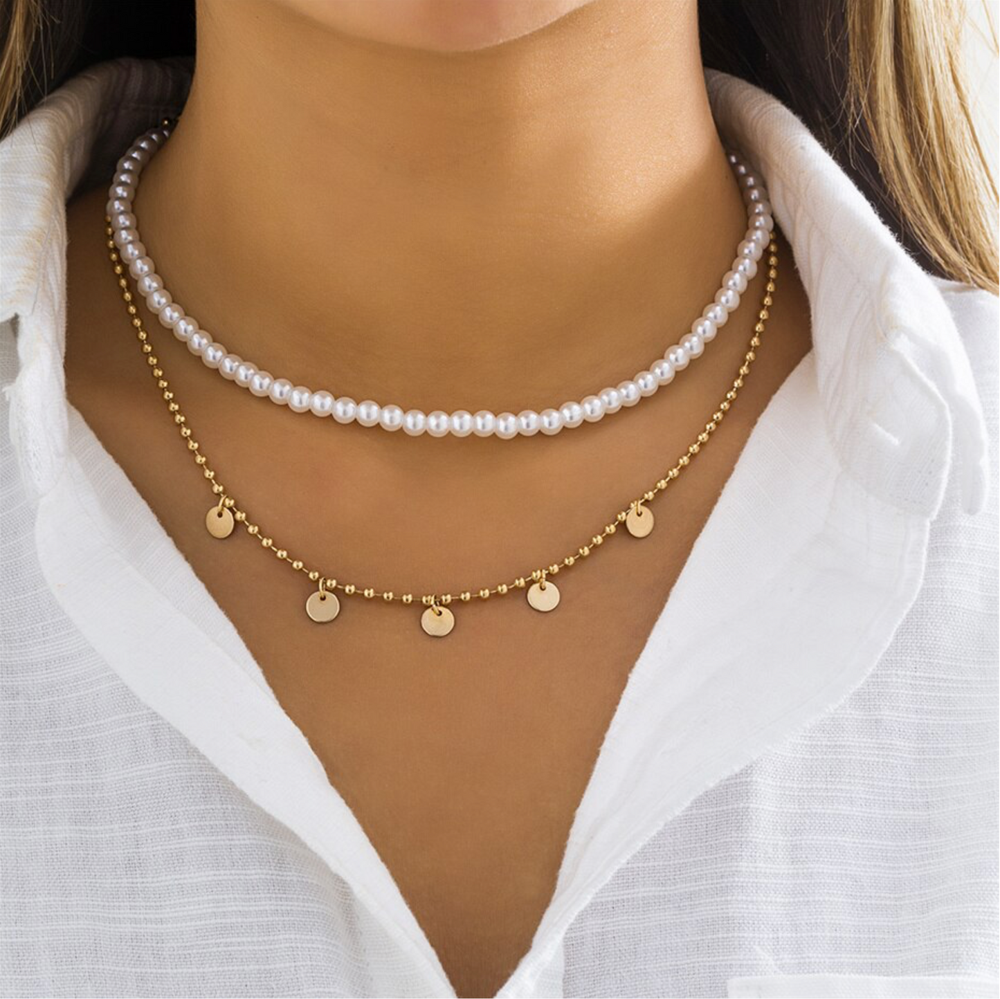 Goldtone Disc & Faux Pearl Layered Necklace