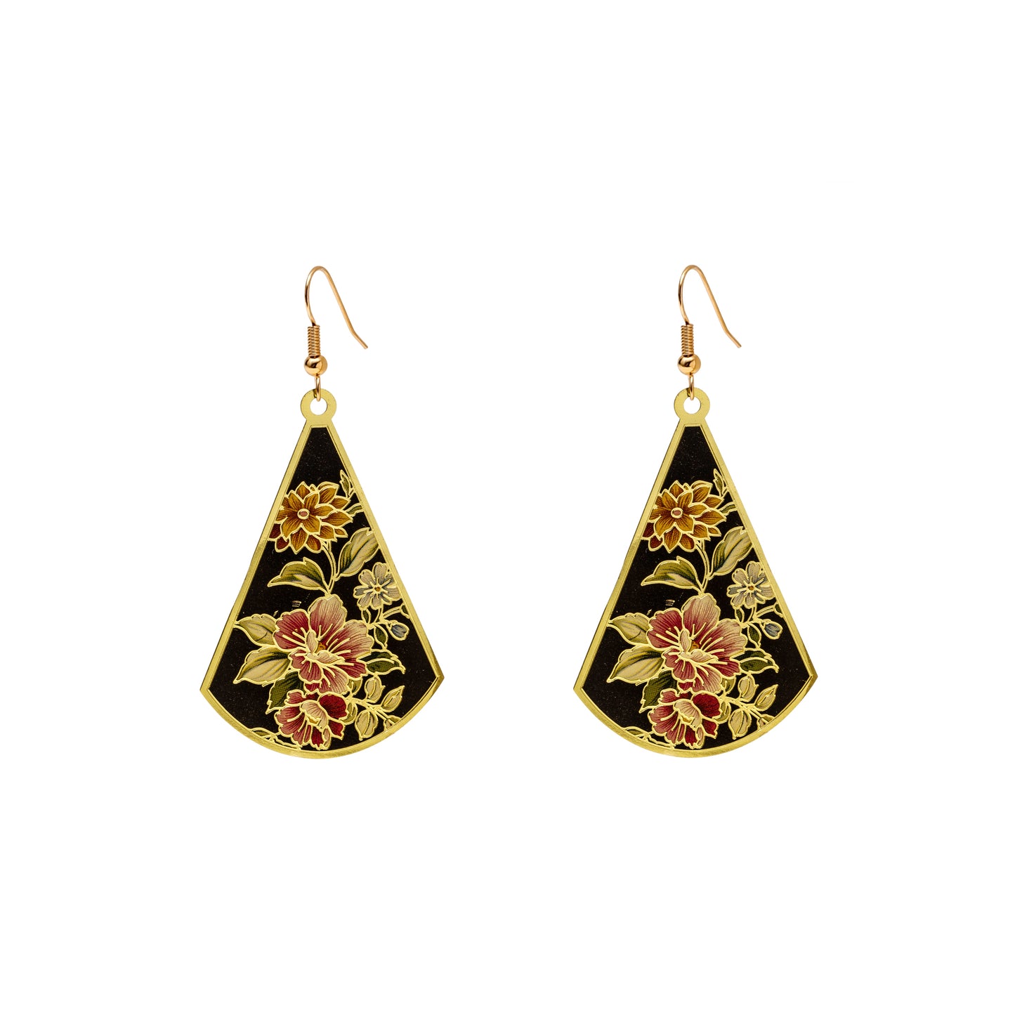 Black Goldtone Floral Drop Earrings