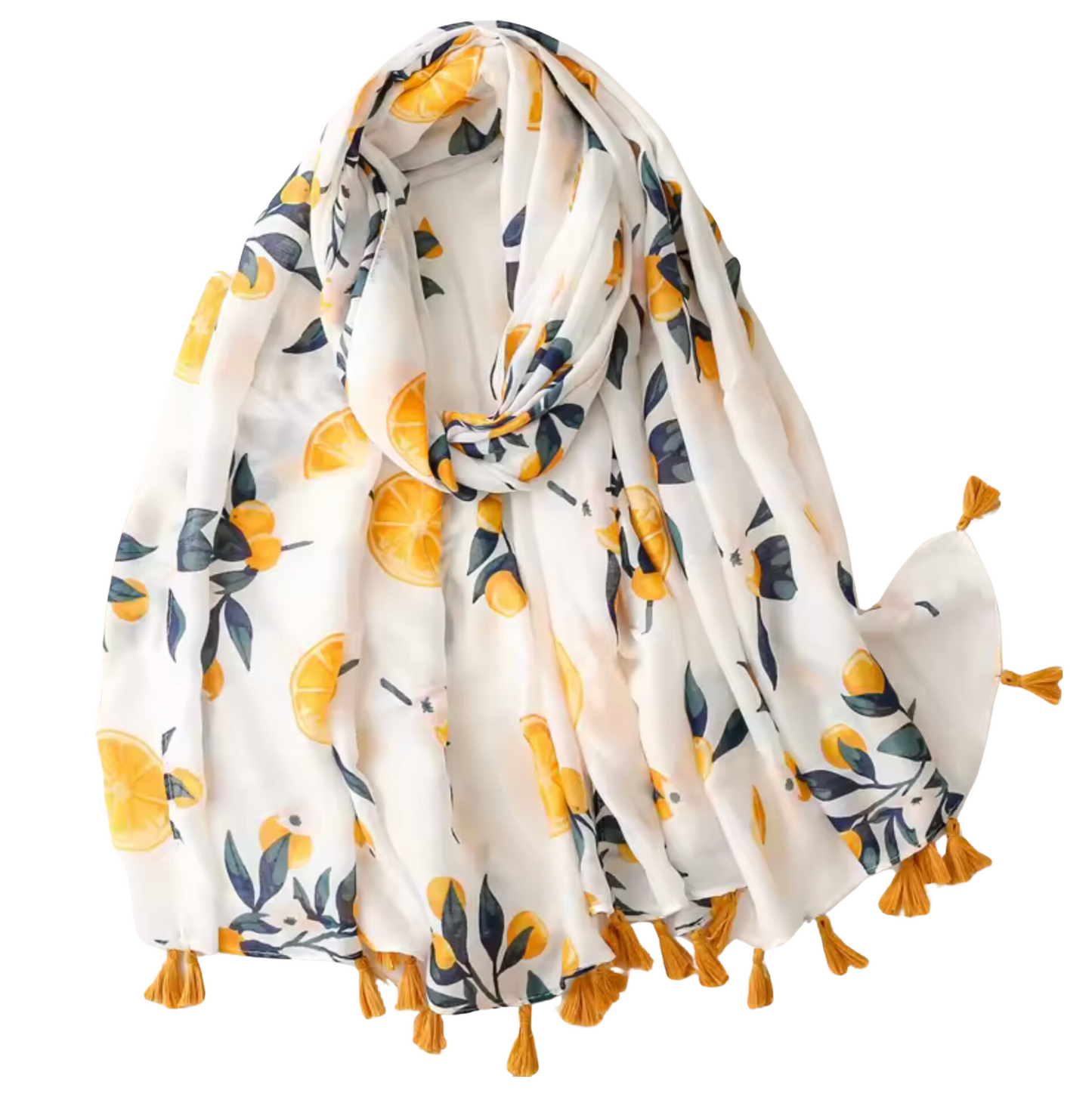 Lemon Print Scarf with Tassels