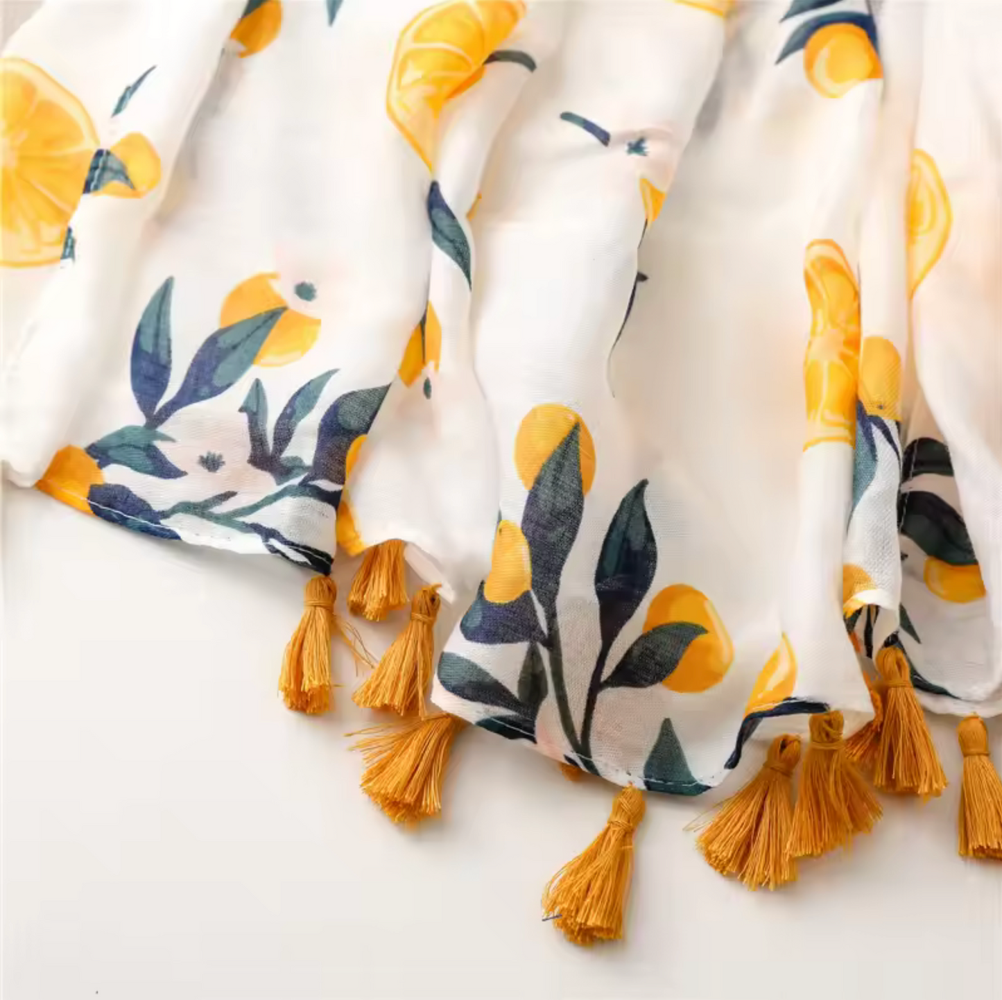 Lemon Print Scarf with Tassels