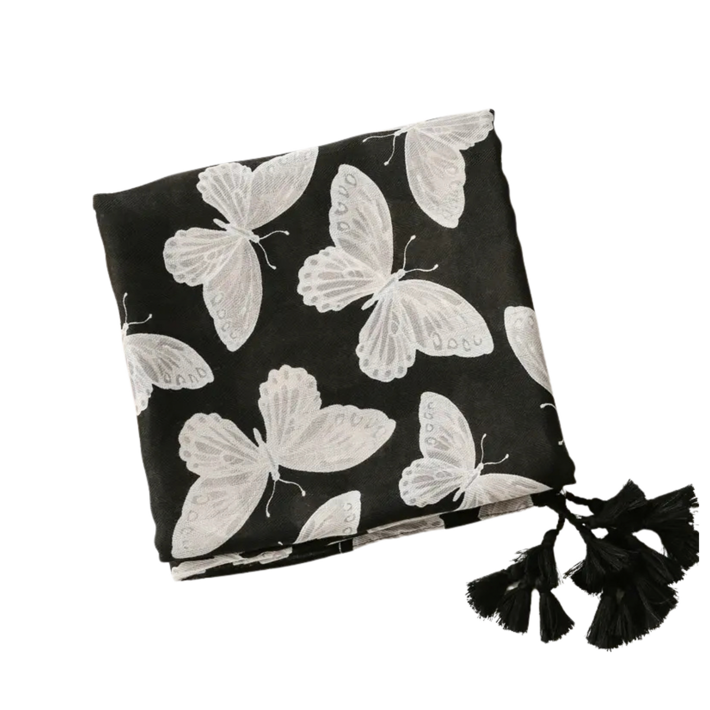 Chic Black Butterfly Scarf with Tassels