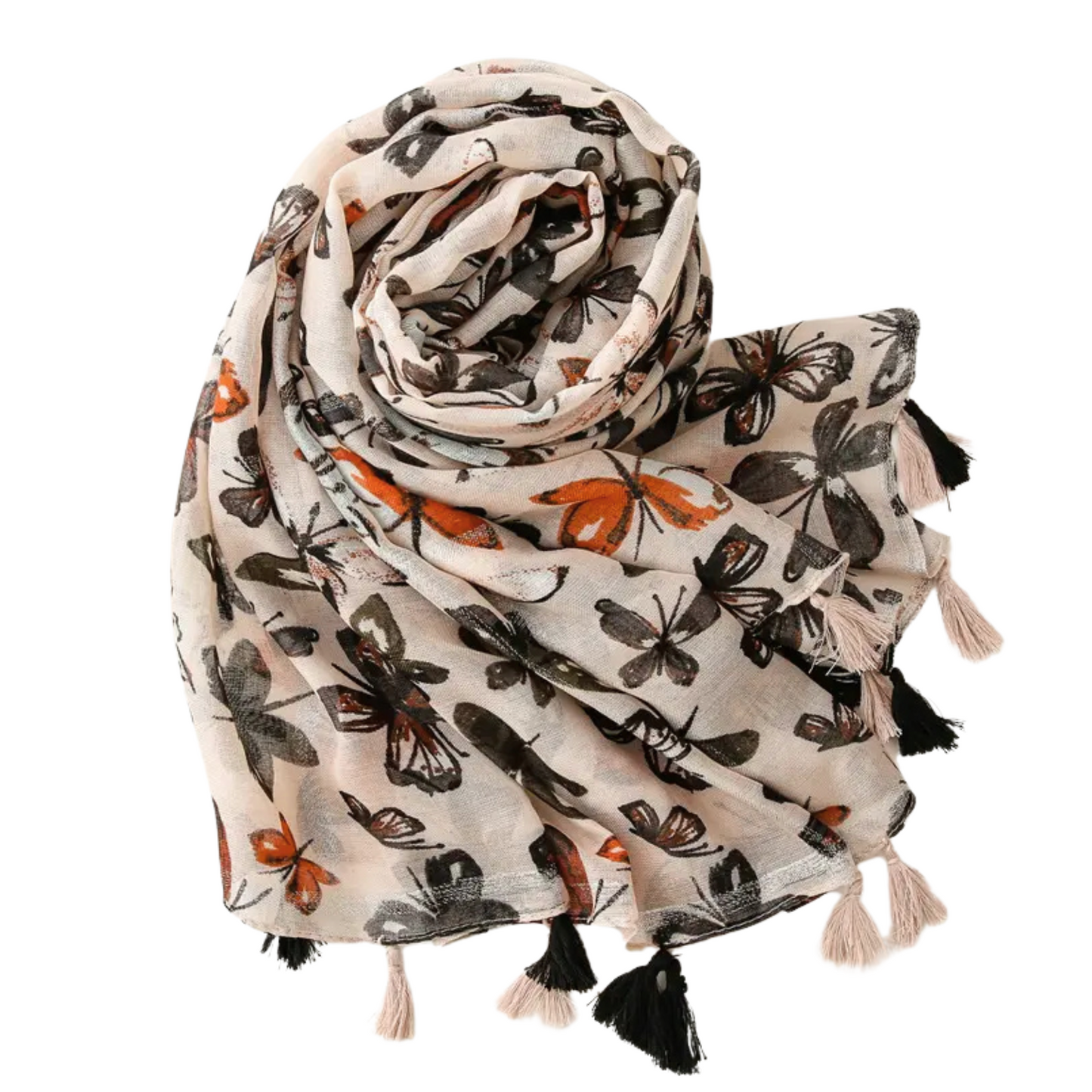 Nature-inspired Beige Butterfly Scarf with Tassels