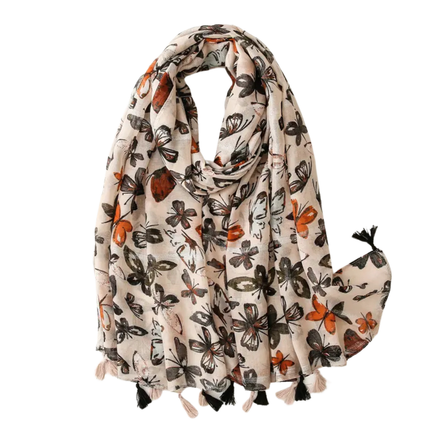 Nature-inspired Beige Butterfly Scarf with Tassels