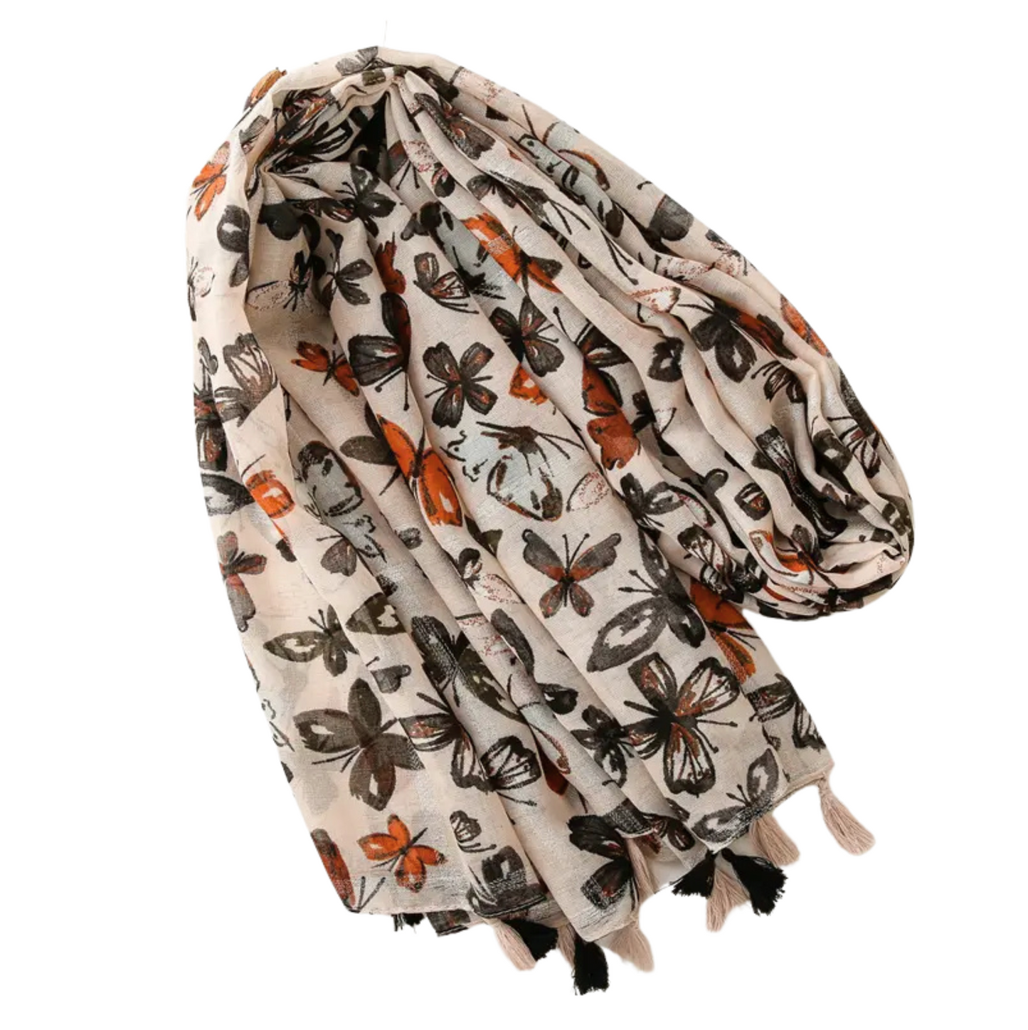 Nature-inspired Beige Butterfly Scarf with Tassels