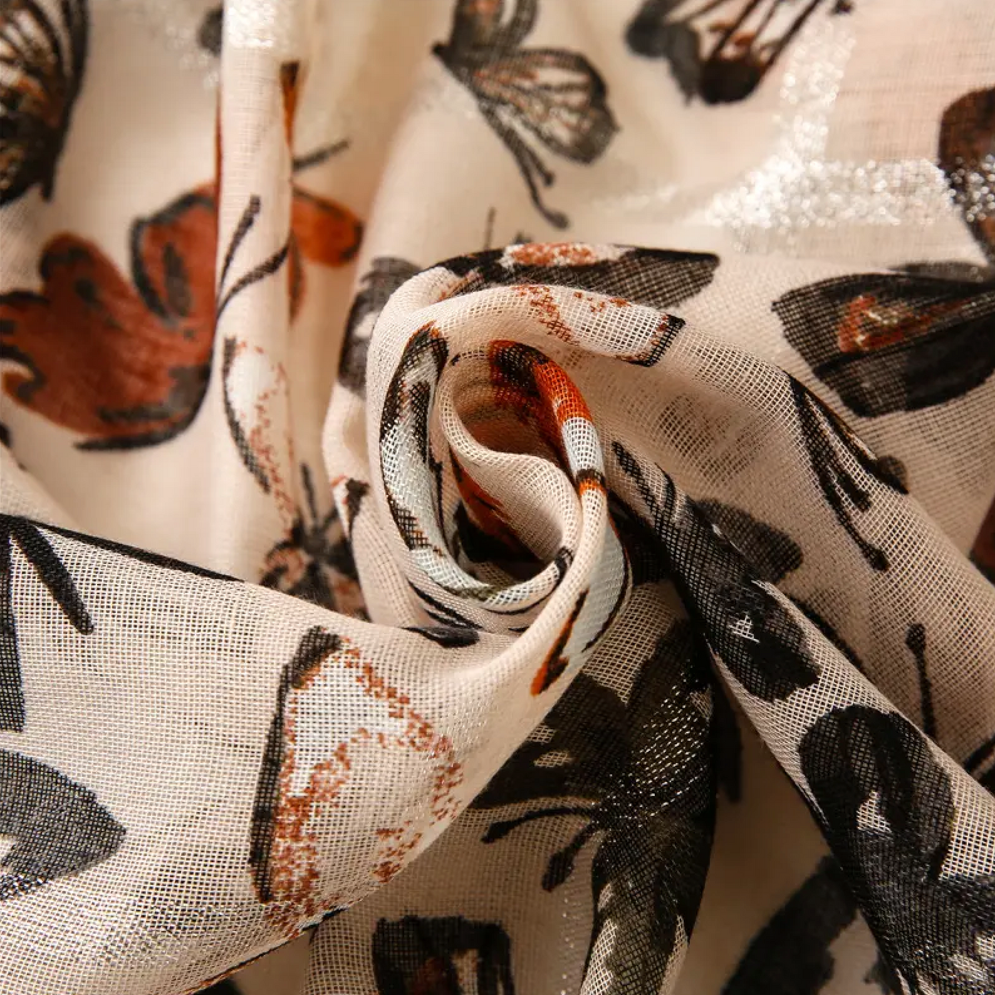 Nature-inspired Beige Butterfly Scarf with Tassels