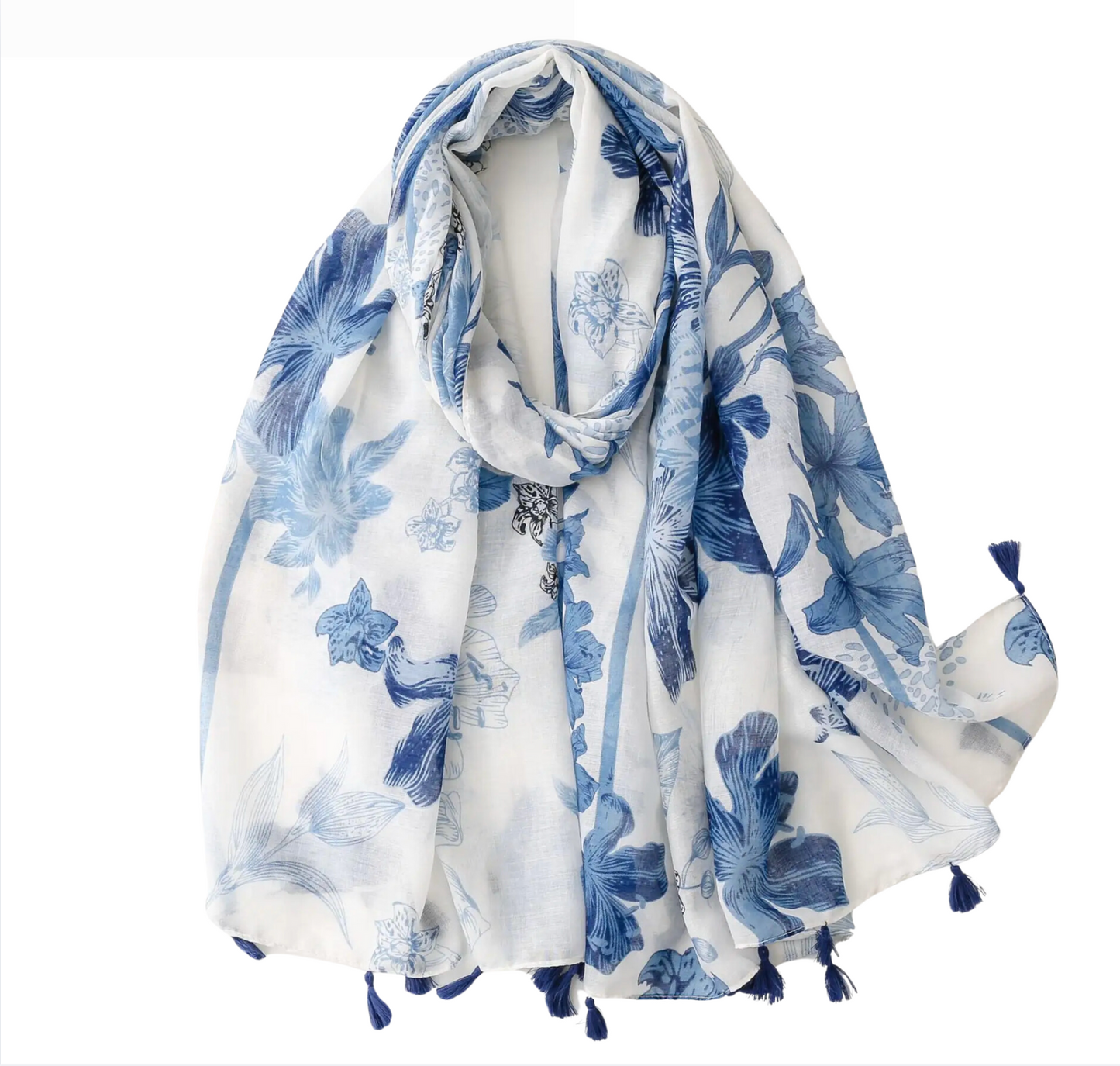 Blue And White Tropical Flower Scarf